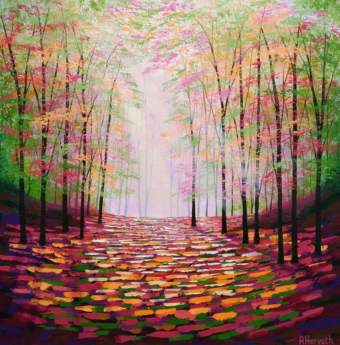Impressionistic Landscape Acrylic Painting By Amanda Horvath, 31 X 31, Sunray Gold, Original Artwork
