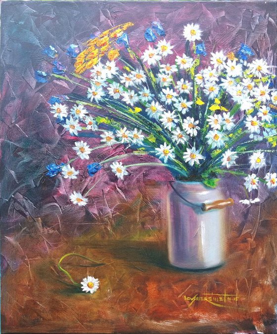 ‘CHAMOMILES IN A MILK CAN’ - Oil Painting on Canvas, Still Life with Flowers