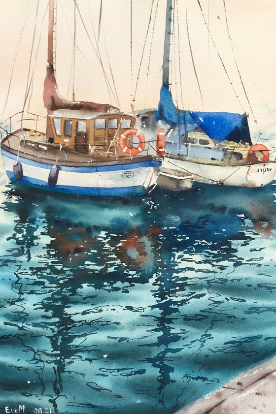 Reflections of yachts at sea. Original watercolor painting.