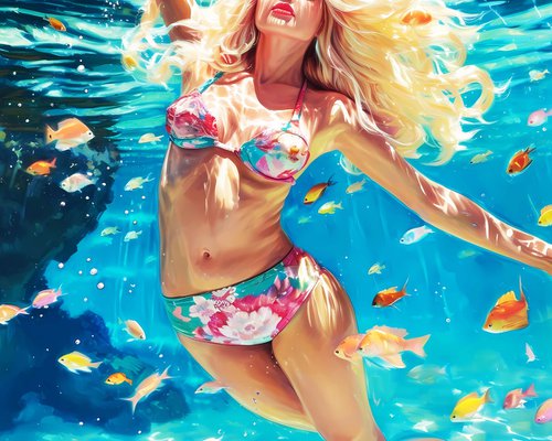 Blonde sexy hot woman under water in the sea, ocean with blue turquoise color waves and bright fishes. Original colorful marine style wall art for modern home decor. Art Gift by BAST
