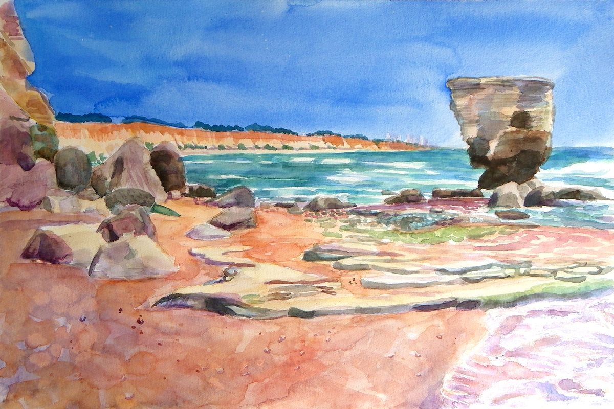 Impressionistic Landscape Watercolour By Mary Stubberfield, 21 X 14", Rocky Beach On The Algarve, Original Artwork