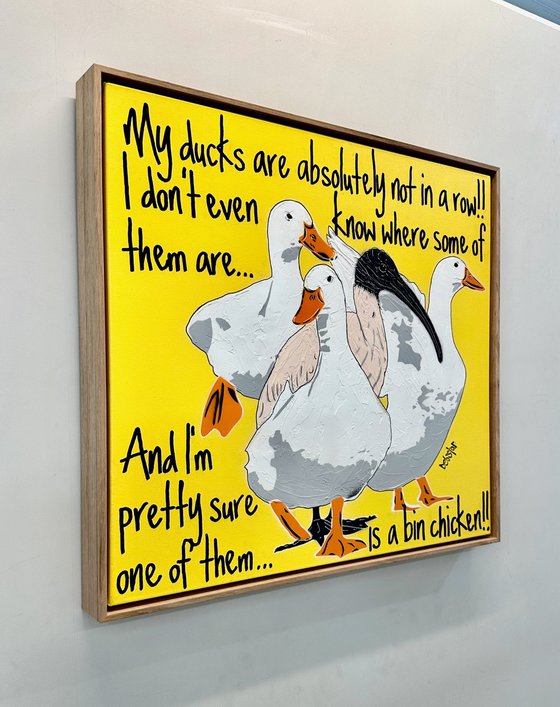 Ducks in a Row Yellow Bin Chicken Framed
