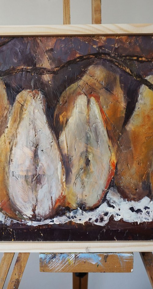 Pears (hot wax on OSB) by Dora Stork