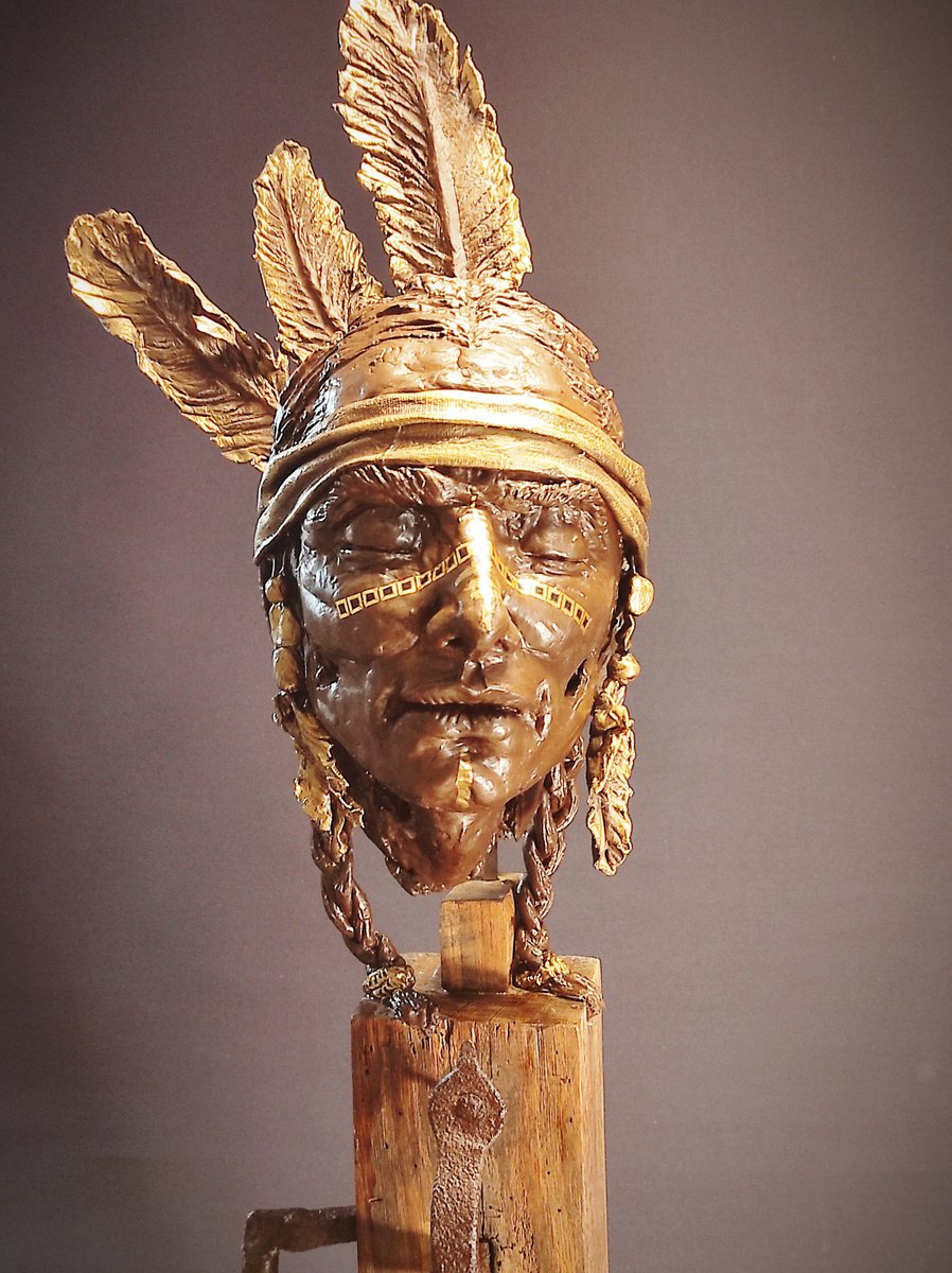 Expressive Portrait Sculpture By Elena Kraft, 14 X 33, Last Of The Mohicans, Original Artwork