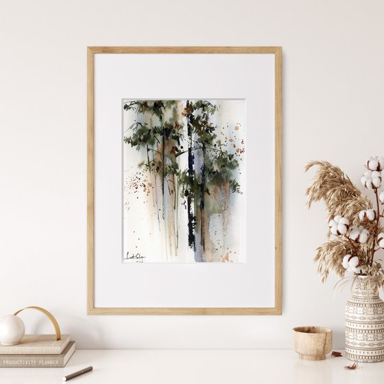Pine Trees Landscape Watercolor Painting