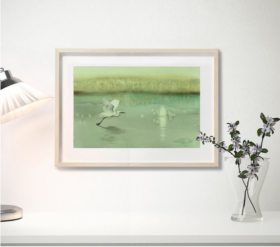 Serenity -  lake -  flying egret - white egret - original watercolor landscape