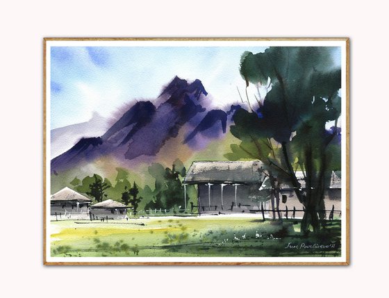 Fafmhouse  near mountains original watercolor painting , blue sky landscape , impressionistic  artwork , gift idea