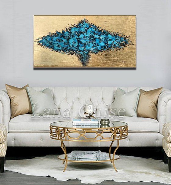 Bouquet - Original Abstract Teal Blue Gold Large Painting, Living Room Art, Minimalist Art, Wall Art Decor