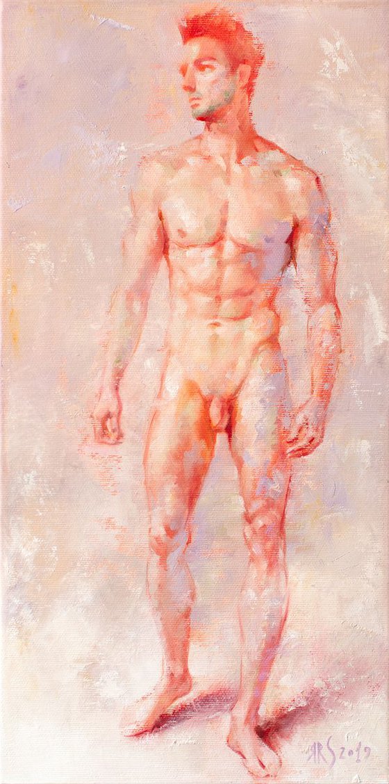 A Study of a Standing Nude Male Model by Yaroslav Sobol - (Modern Impressionistic Figurative Oil painting of a Man Gift Home Decor)