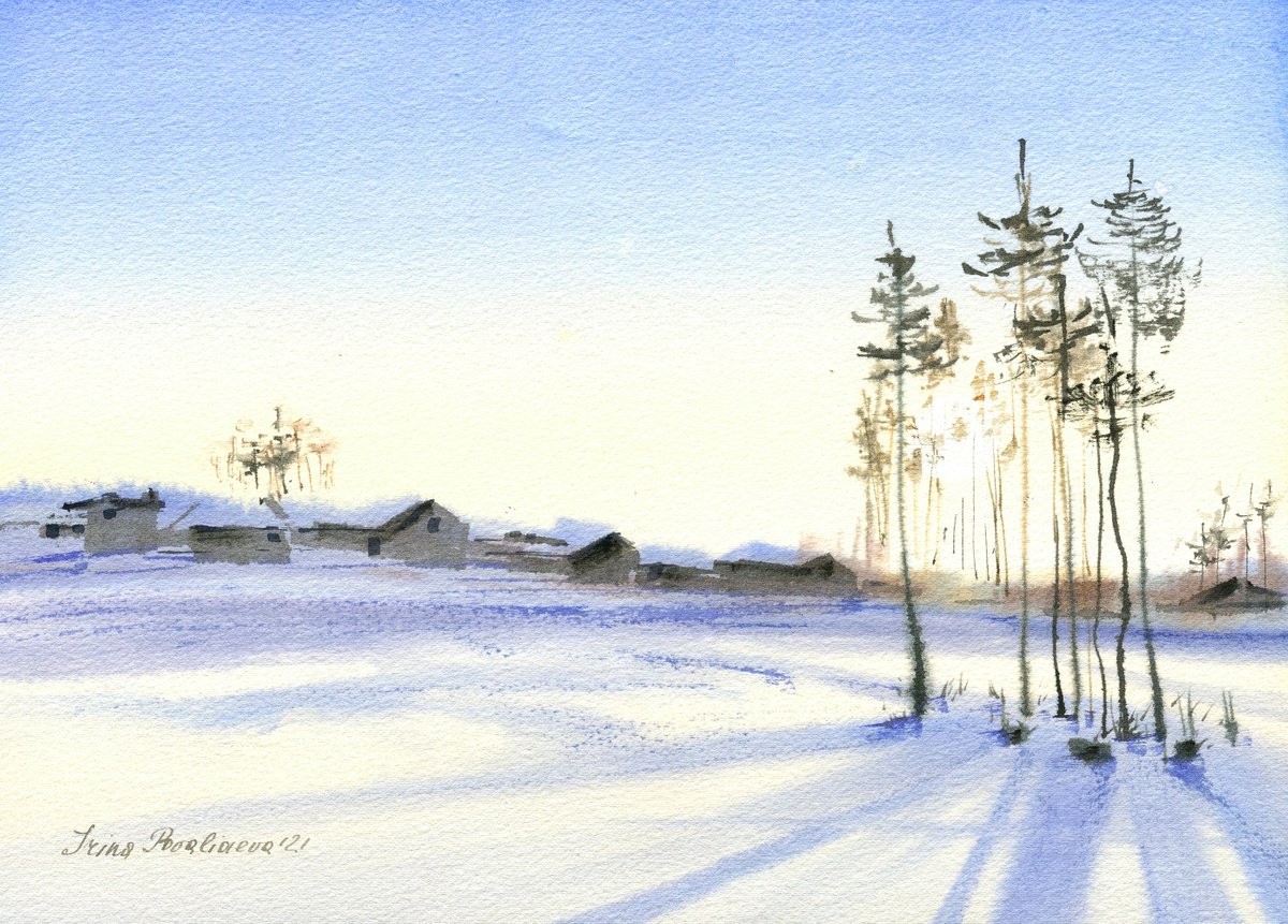 Sun in trees winter original landscape watercolor painting , christmas gift idea by Irina Povaliaeva