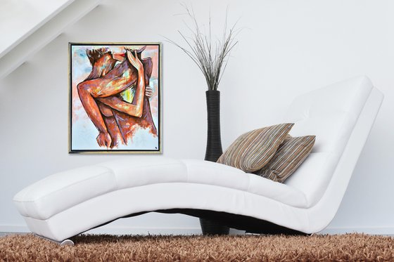 Lovers In The Wall - Original Modern Painting Art on Canvas with Floating Frame Ready To Hang