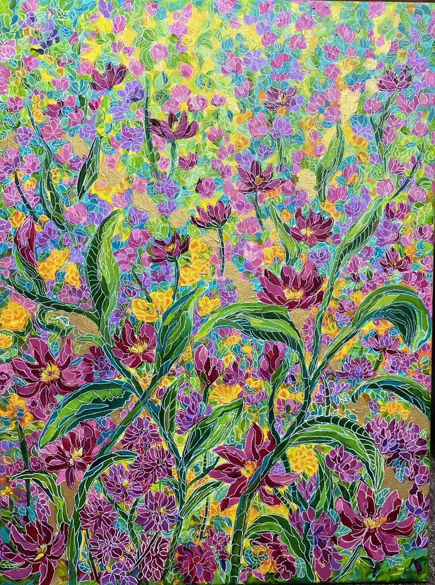 Organic Botanical Acrylic Painting By Colette Baumback, 24 X 31, Carmel -Subterranean Floral, Original Artwork