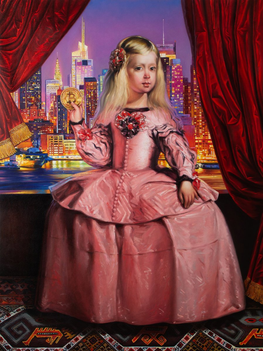 Surrealistic Portrait Oil Painting By Yaroslav Sobol, 30 X 39", Menina And Golden Bitcoin, Original Artwork