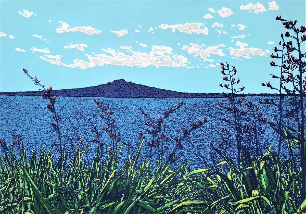 Landscape Screenprint By Talia Russell, 39 X 28", Coastal View Of Rangitoto, Original Artwork