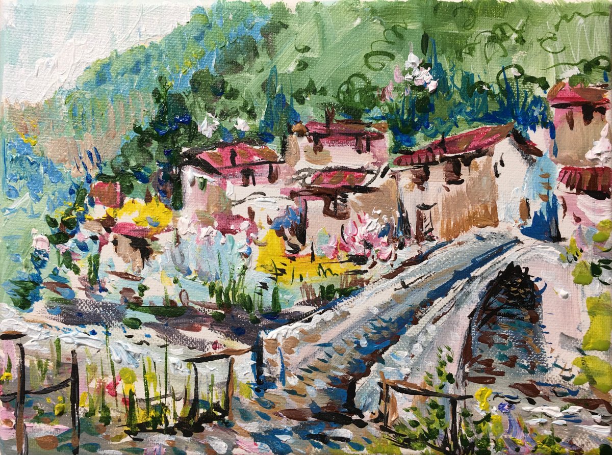 Impressionistic Landscape Acrylic Painting By Altin Furxhi, 9 X 7, Lake Como Village., Original Artwork