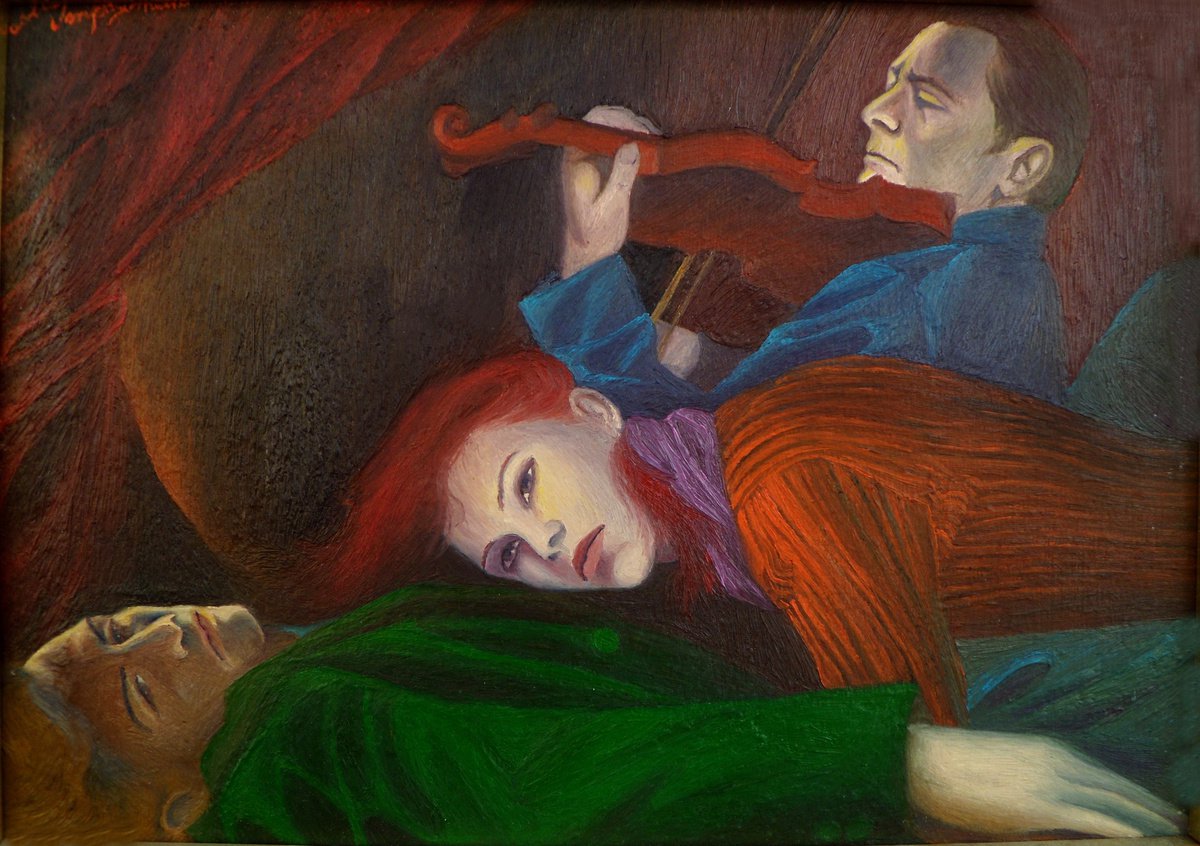 Expressive Portrait Oil Painting By Paola Imposimato, 19 X 15", Violin Key, Original Artwork