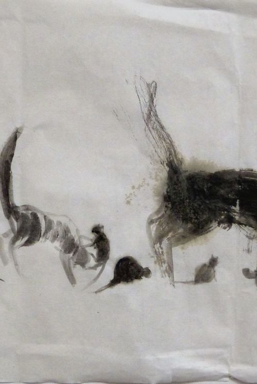 The cats family, ink painting on chinese paper, 33x53 cm by Frederic Belaubre