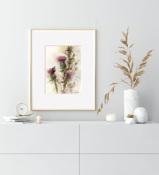 Thistle - Pink Flowers Painting, Scotland National Flower