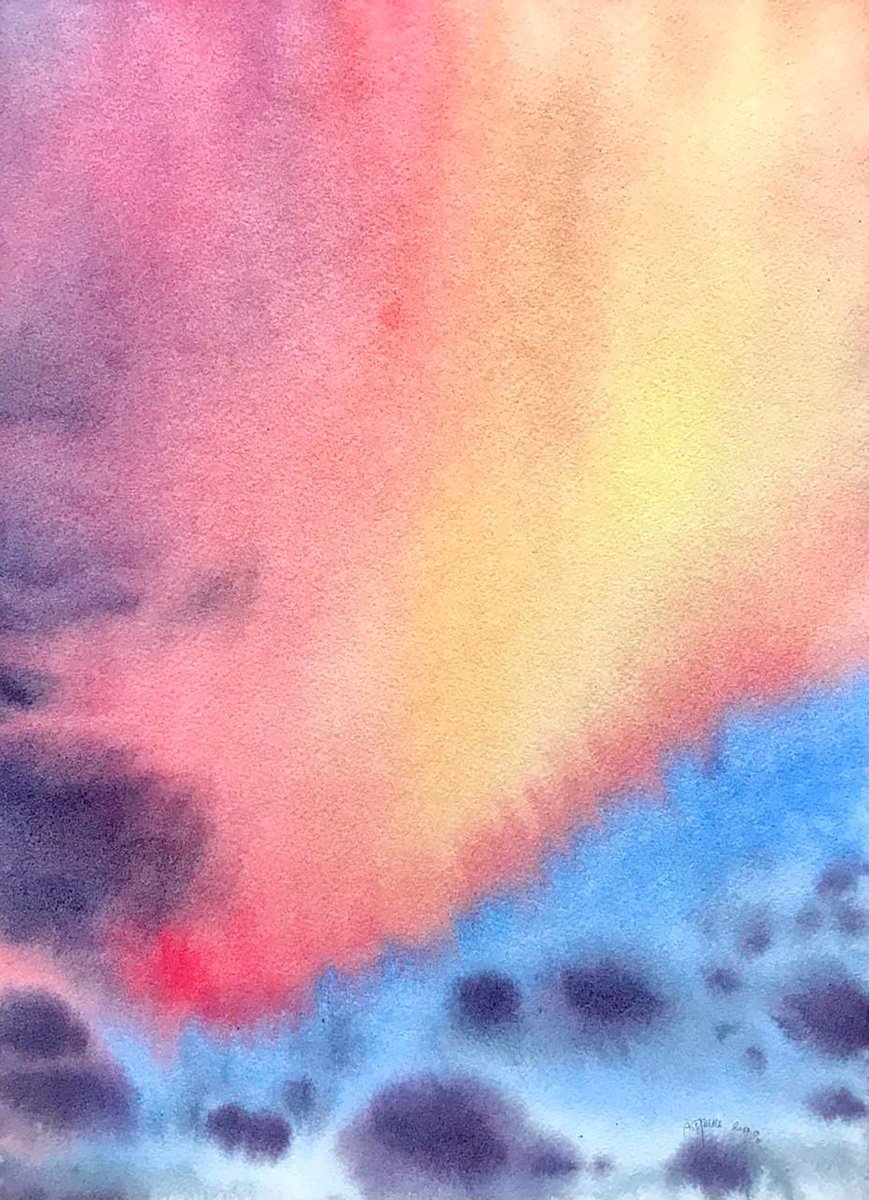 Abstract Landscape Watercolour By Alona Hryn, 10 X 14, The Most Fiery Sunset, Original Artwork