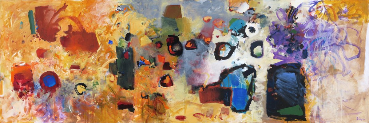 Expressive Abstract Acrylic Painting By Thomas Steyer, 142 X 47", Between Neighbours, Original Artwork