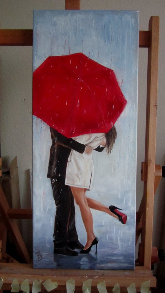 Happy meeting. Man and Woman under Red Umbrella
