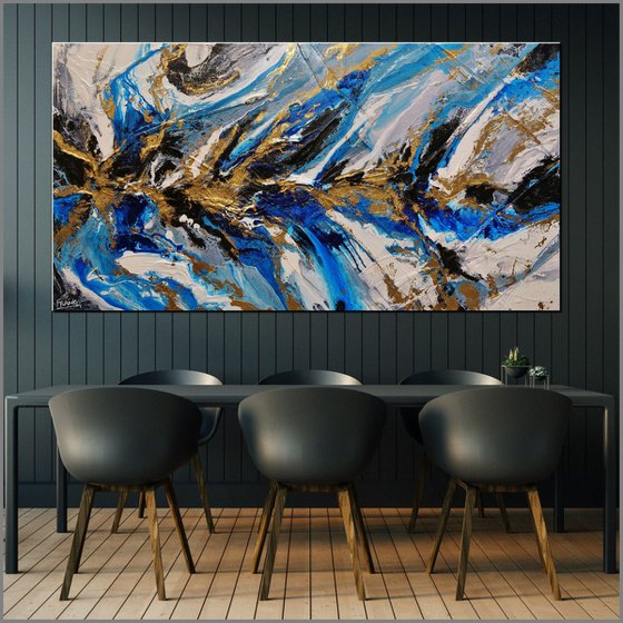 Golden Blue Silk 190cm x 100cm Blue Gold Abstract Art