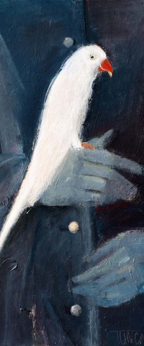 woman in black holding a white parrot (2) by Catalin Ilinca