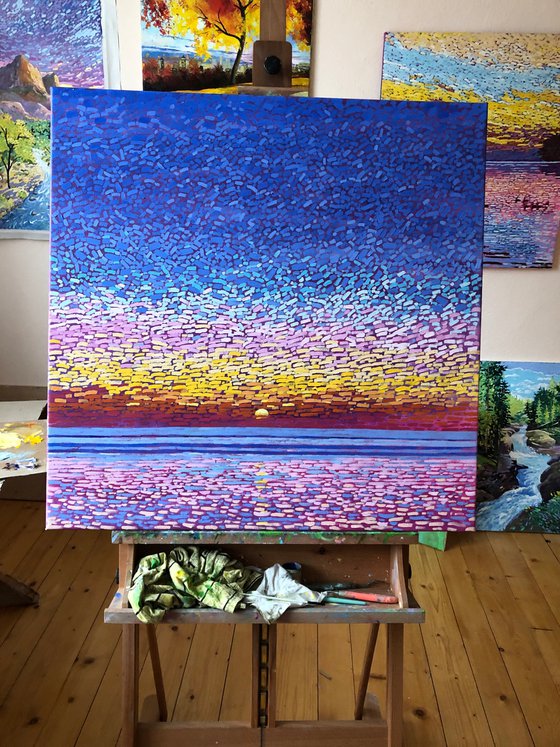 Large seascape painting, abstract sunset