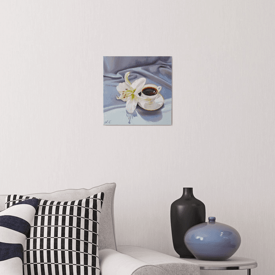 "A small cup of aromatic coffee. "  still life summer  white liGHt original painting  GIFT (2021)