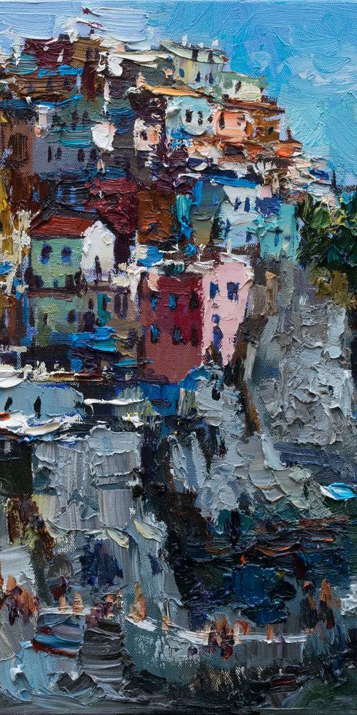 Manarola village. Cinque terre - Italian Landscape painting by Anastasiia Valiulina