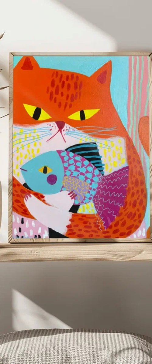 Orange Cat with Colorful Fish by Sasha Robinson