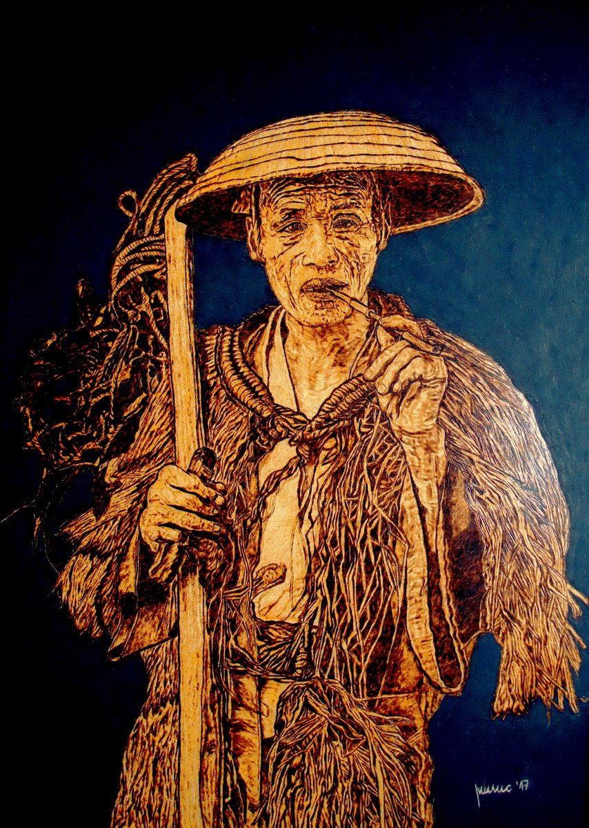 Expressive Portrait Painting By Milis Pyrography, 20 X 28", Old Chinese Fisherman, Original Artwork