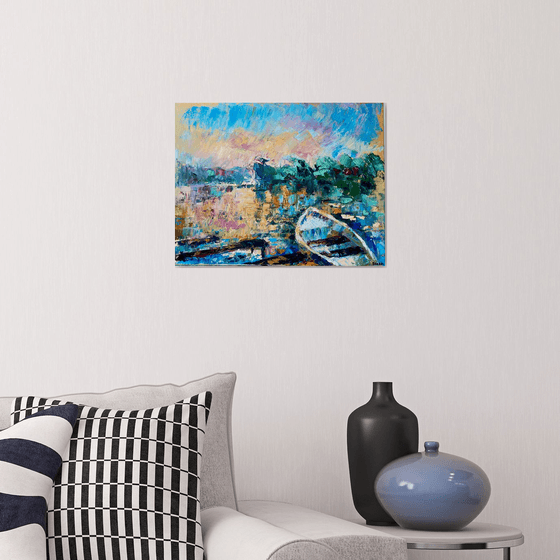 Boat - A way to remember, 35*45cm, impressionistic sunset oil painting with a texture