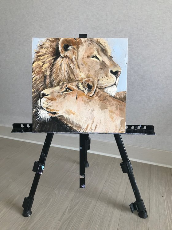 Animal painting Lion and Lioness impasto art 30x30cm