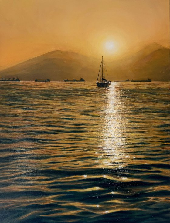 Peace of mind. Sailboat at sunset