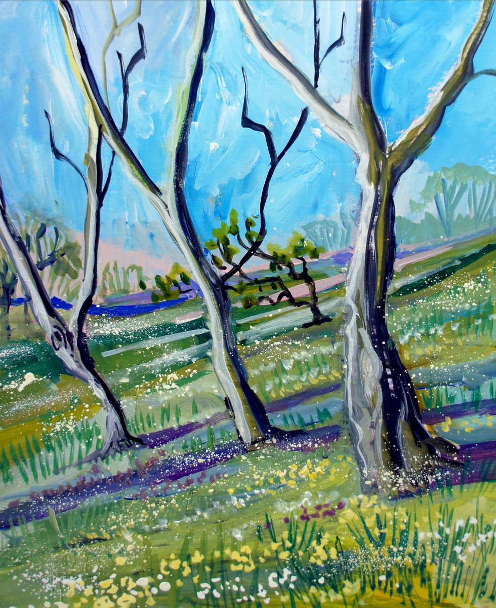 Impressionistic Landscape Acrylic Painting By Julia Rigby, 16 X 18", Three Trees, Original Artwork