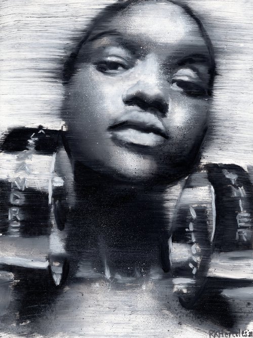 Akon | Black and white portrait black earrings high fashion portrait woman | beautiful sexy fashion powerful lady woman | oil painting on paper | by Renske Karlien Hercules