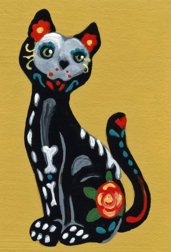 ACEO ATC Original Day of the Dead Sugar Skull Painting Black Cat Pet Art-Carla Smale