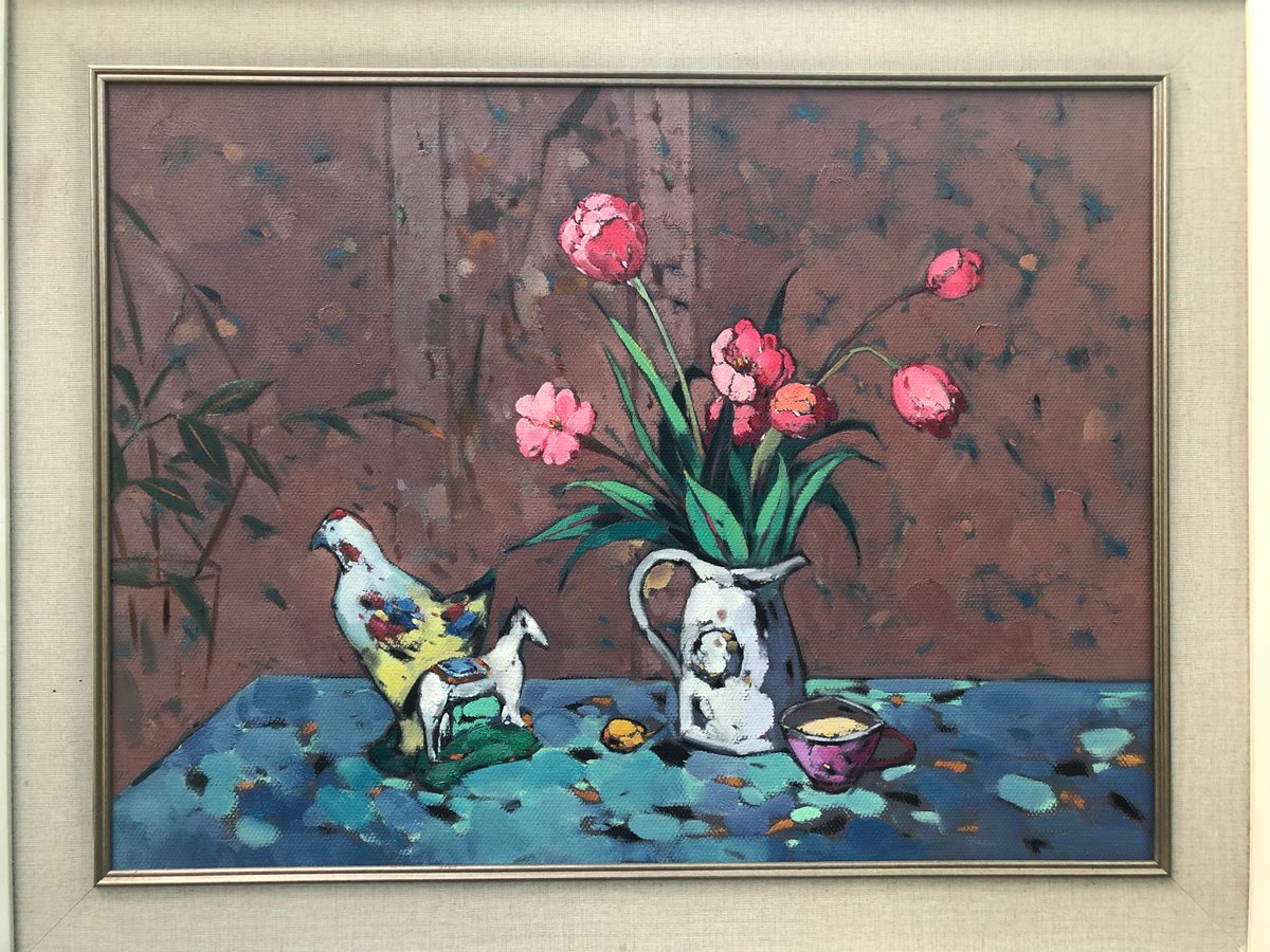 Original Still life oil painting?flowers in the vase by Kunlong Wang