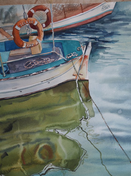 Turkish boat in the port - original seascape watercolor reflection