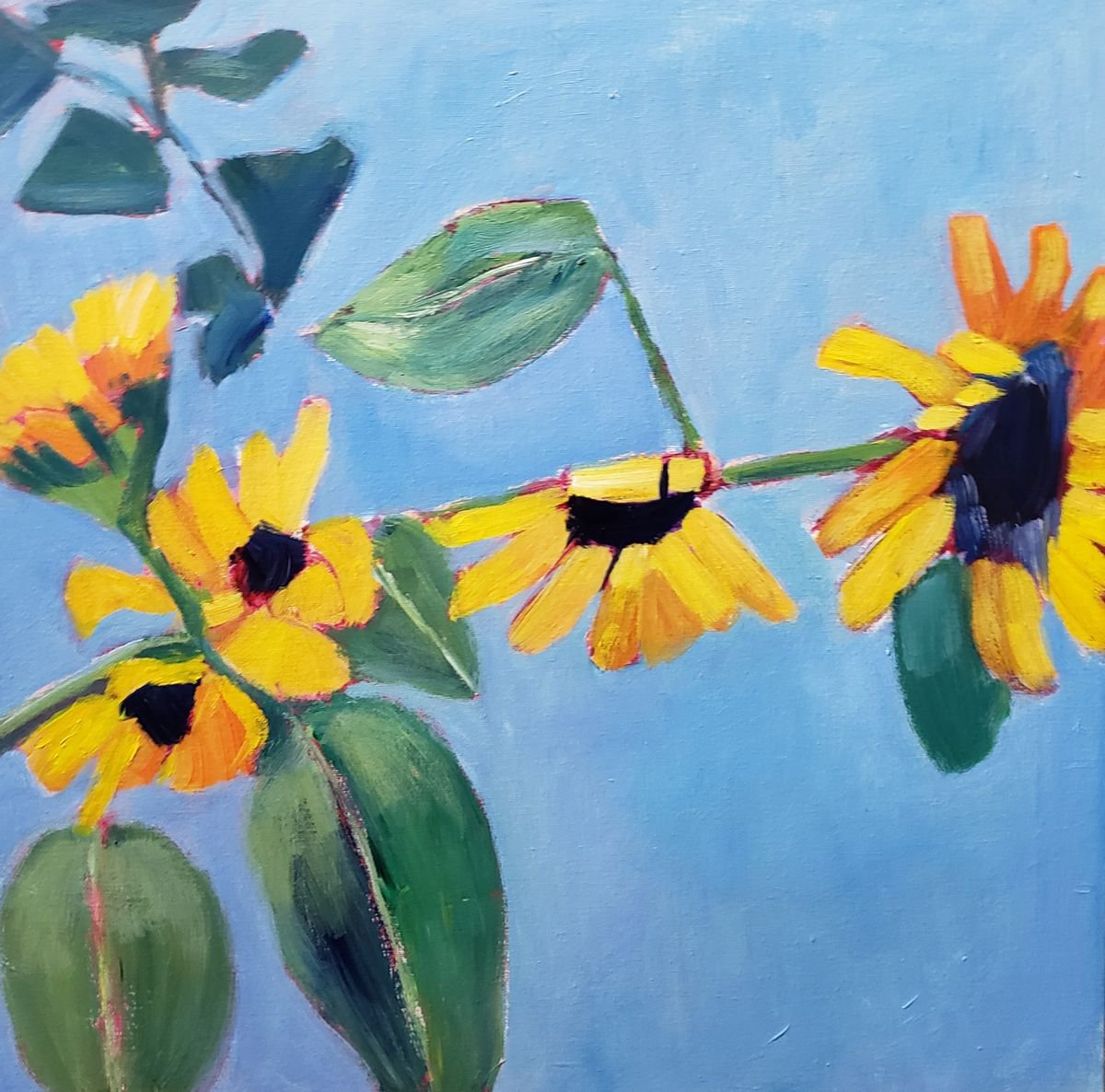 Sunflowers with Blue Background by Leah Kohlenberg Fine Art