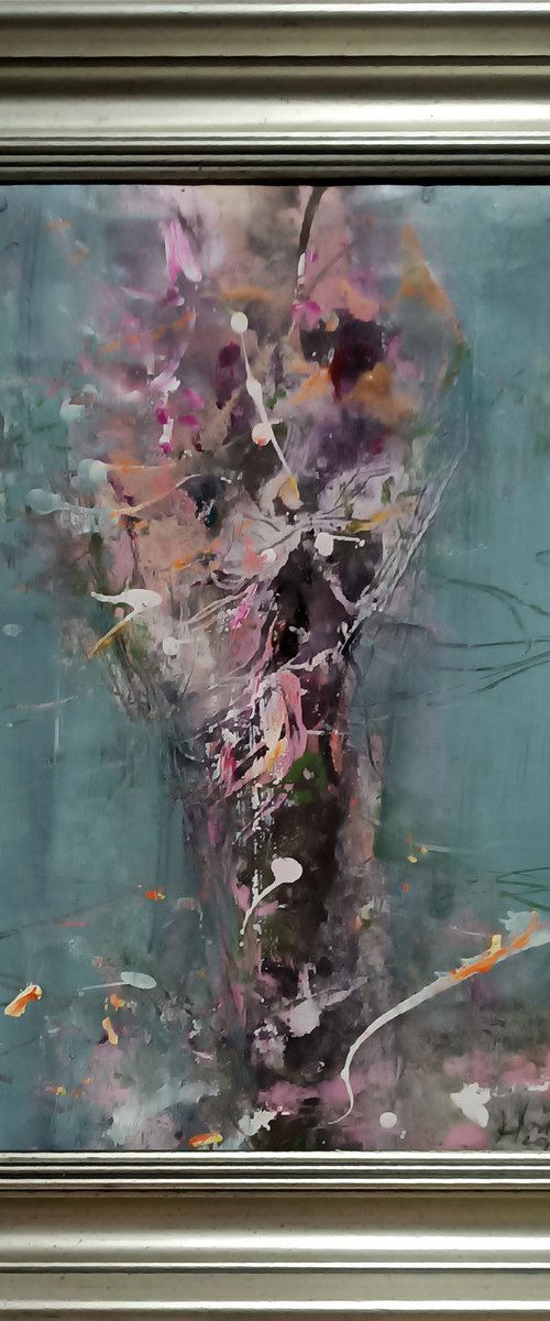 Framed spring blossom flowers colors painting enigmatic still life by O KLOSKA by Kloska Ovidiu