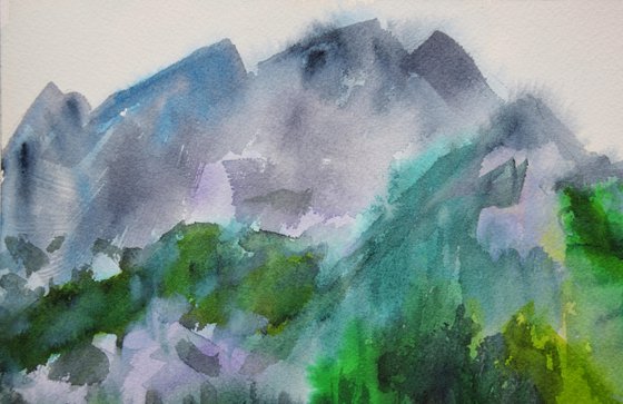 Mountains Painting, Misty Landscape Original Watercolor Painting