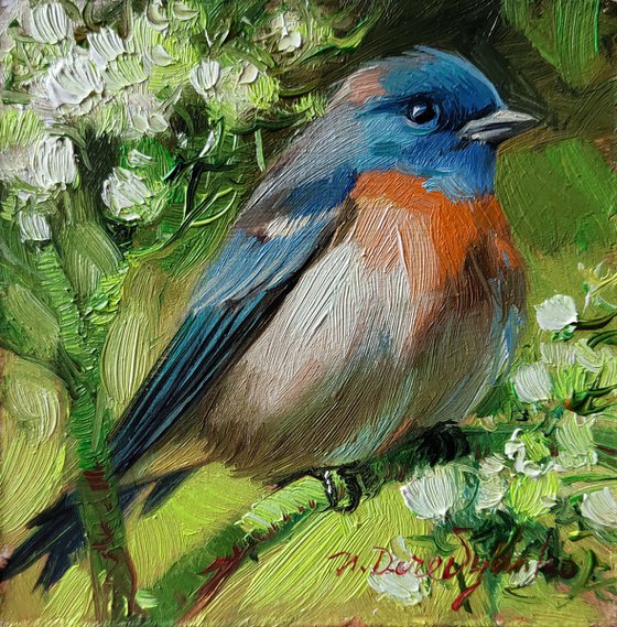 Bluebird painting original oil 4x4 in blue frame - Thank you for brightening my world