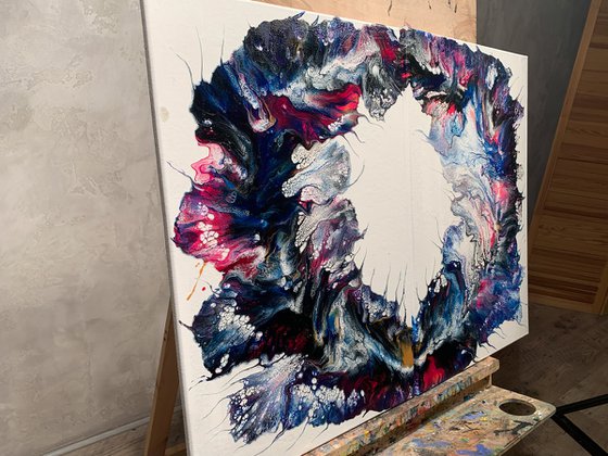Blue abstract diptych purple blue flowers fluid painting for decoration of office gift for best friend