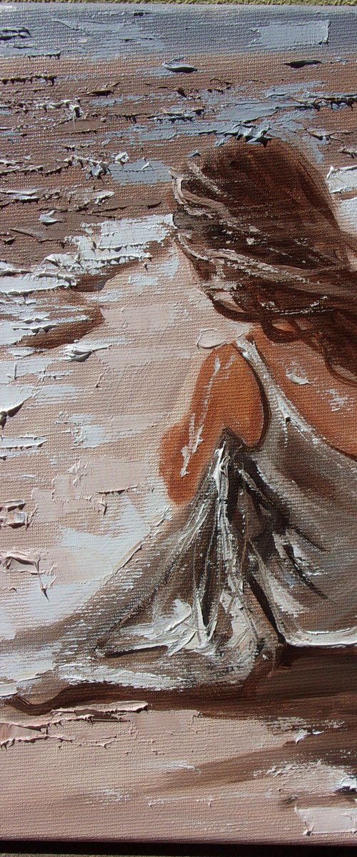 " ENDING THE DAY ... " SUN SKY SEA SAND liGHt  ORIGINAL OIL PAINTING, GIFT, PALETTE KNIFE by Monika Luniak