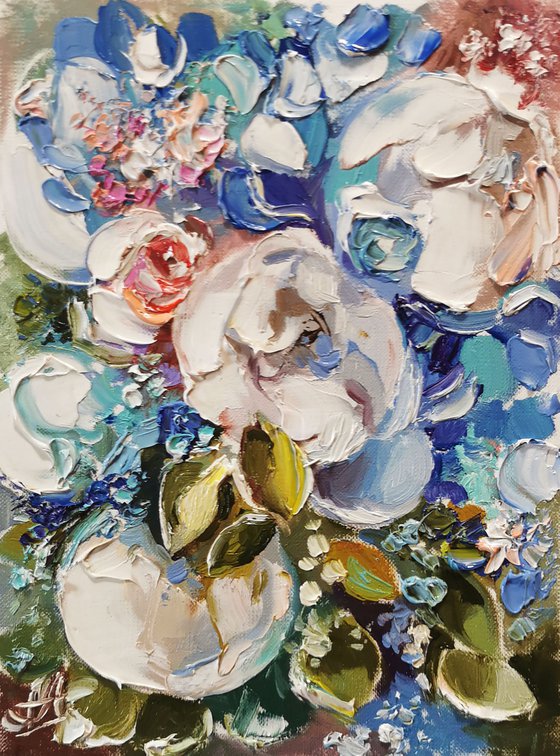 Blue flowers oil painting, Peonies wall art