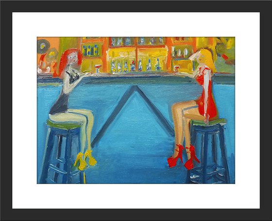 CAFE FASHION MODEL FRIENDS DRINKING WINE. Original Figurative Oil Painting. Varnished.