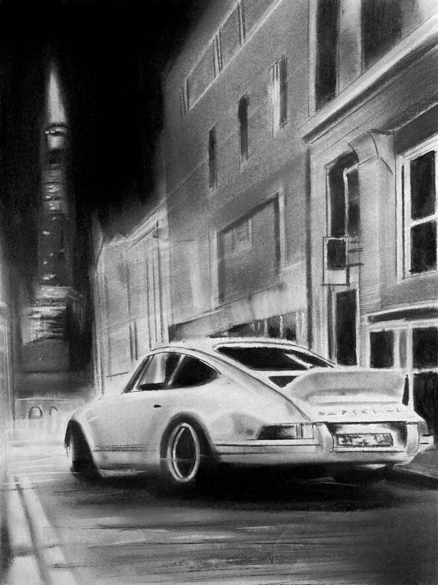 Photorealistic Transport Charcoal Drawing By Denny Stoekenbroek, 12 X 17, Night Shift, Original Artwork
