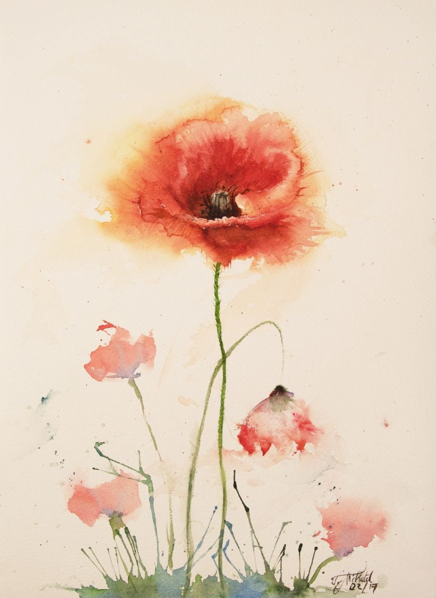 Expressive Botanical Watercolour By Tomasz Mikutel, 10 X 14", Poppies, Original Artwork